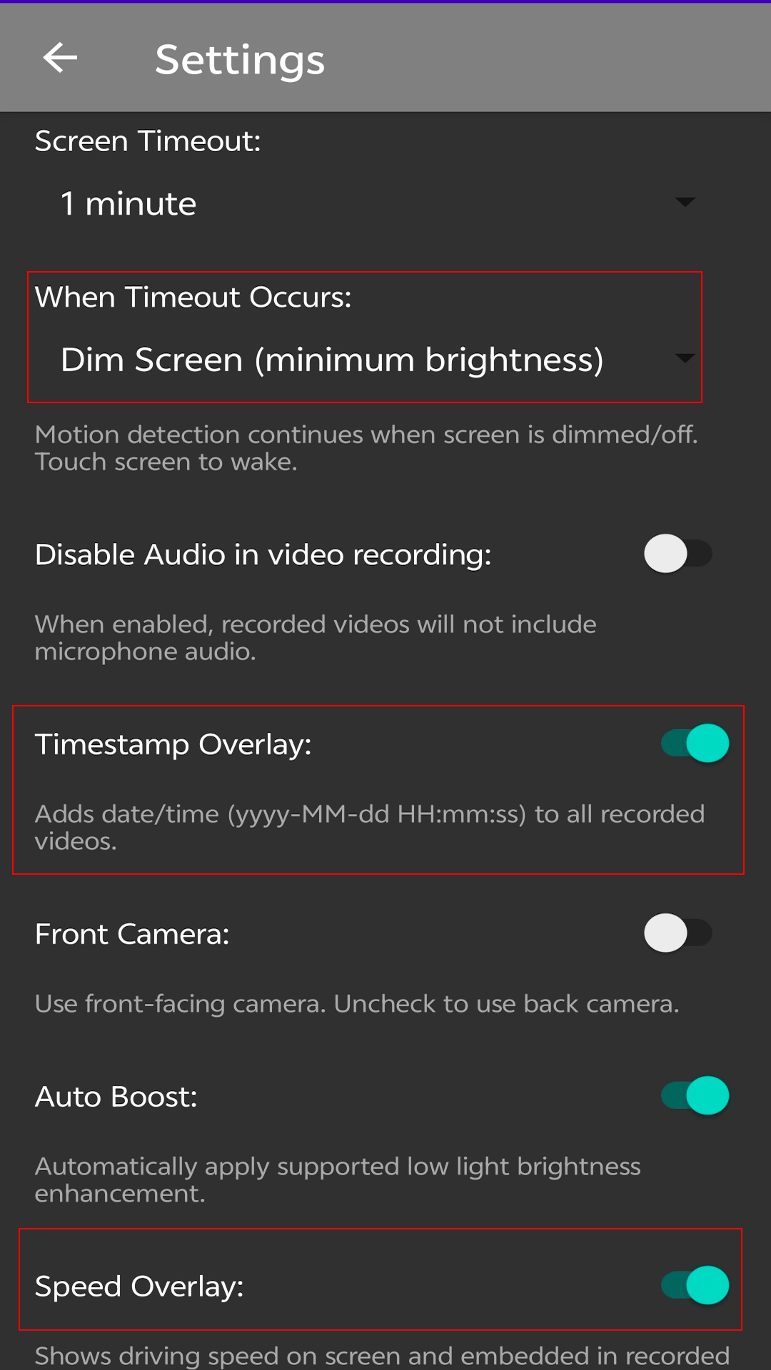 Timestamp and timeout settings screen